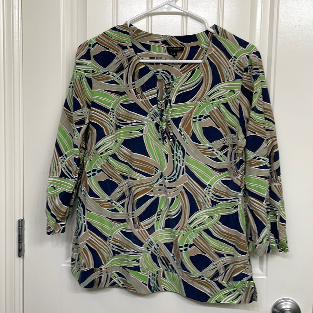 Talbots blouse size 8 blue, brown, green pattern